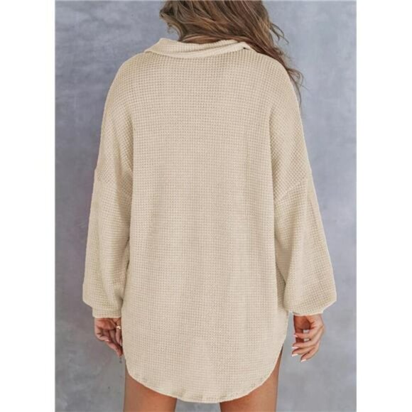Waffle Knit Henley Top Women Long Sleeve V Neck Tunic Oversized Shirt Casual - Picture 3 of 6